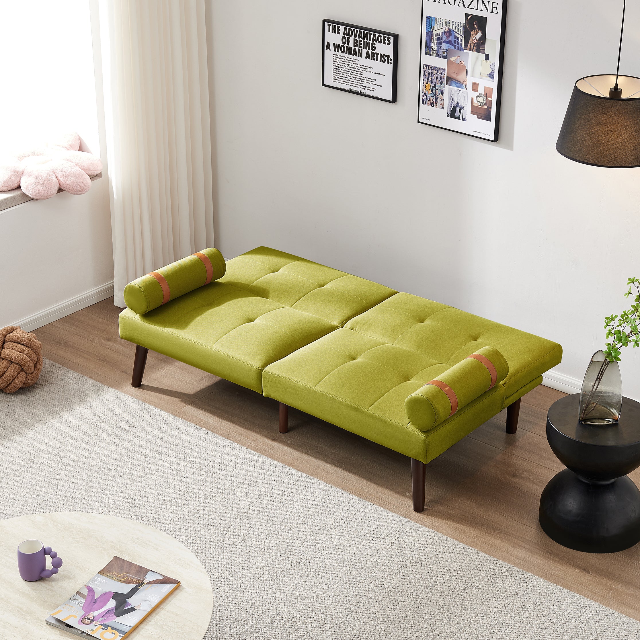 Convertible Sofa Bed Futon with Solid Wood Legs Linen Fabric Musterd Green