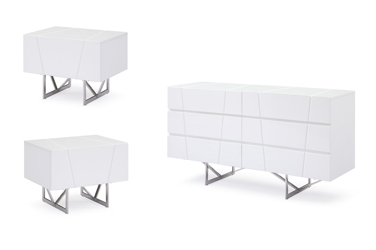 Vig Furniture Modrest Chrysler White Dresser and Two Nightstands