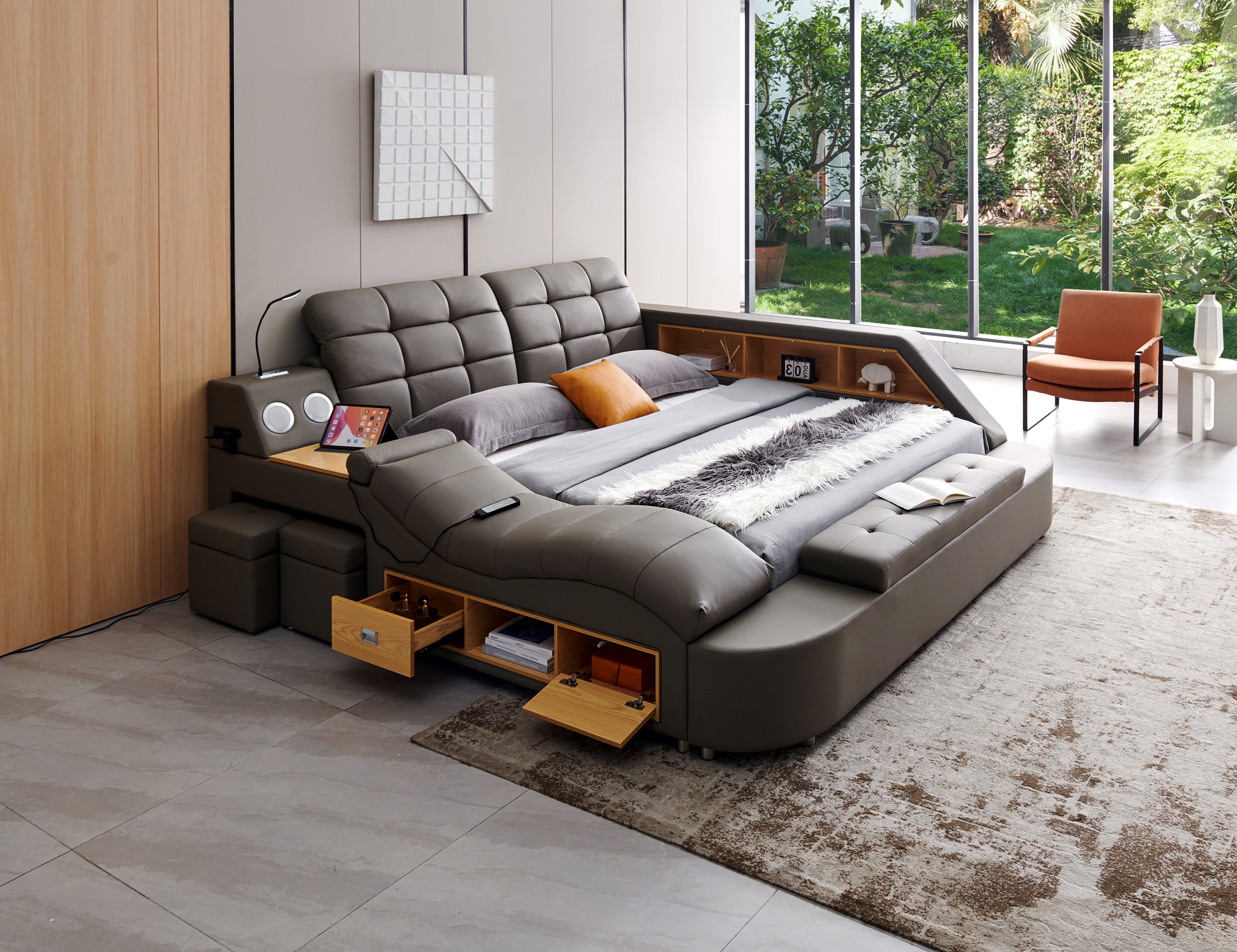 Multifunctional Upholstered Storage Bed Frame, Massage Chaise Lounge on Left, King Size, Grey