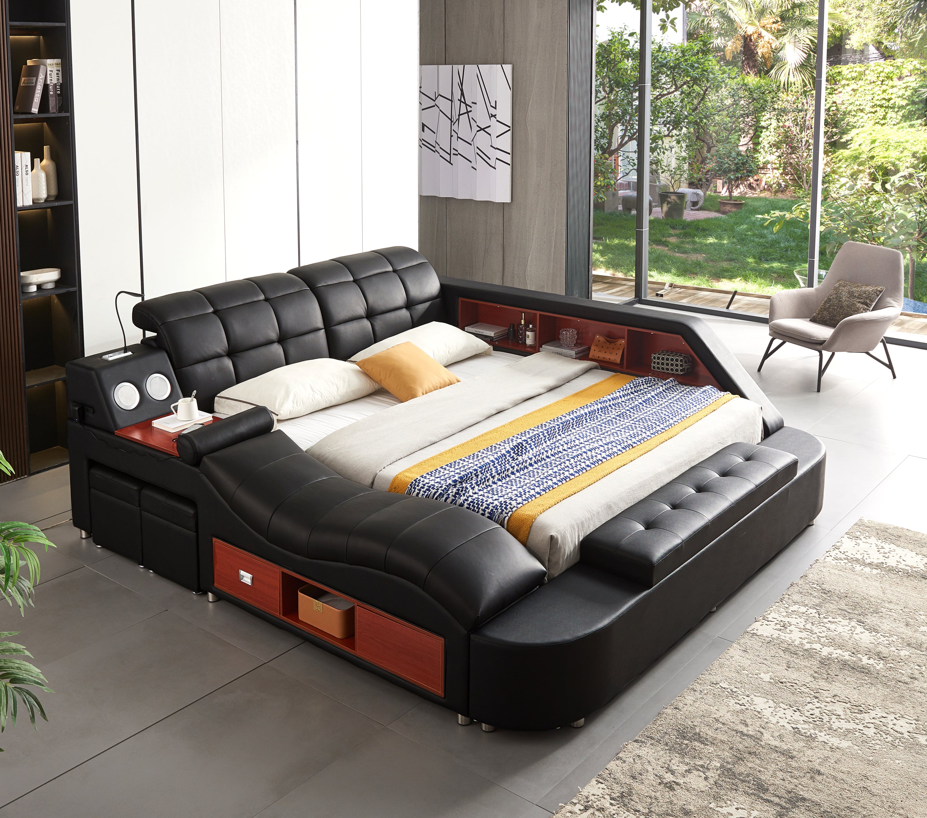 Multifunctional Upholstered Storage Bed Frame, Massage Chaise Lounge on Left, King Size, Black