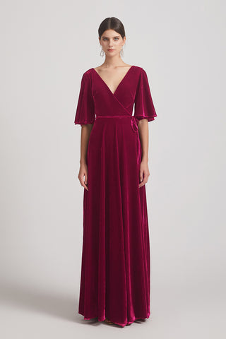 Half Sleeve V-neck Velvet Long Bridesmaid Dresses