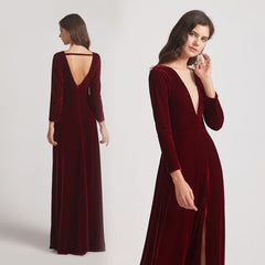 Long Sleeve Velvet Bridesmaid Dresses with Illusion V-neck