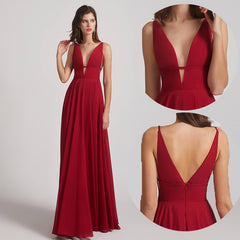 Straps Long Chiffon Plunging V-neck Bridesmaid Dresses