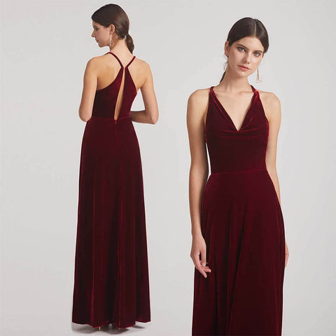 Velvet Cowl Neck Bridesmaid Dresses With Open Back