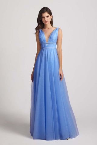 Plunging V-neck Straps Tulle Long Blue Bridesmaid Dresses