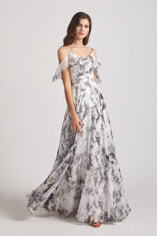 cold shoulder floral chiffon bridesmaid dress