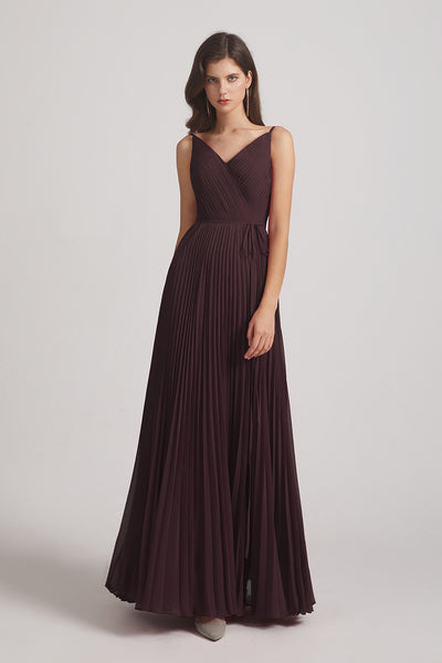 spaghetti straps chiffon pleated bridesmaid dress