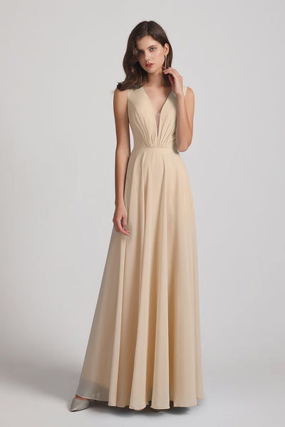 illusion v-neck chiffon champagne bridesmaid dress