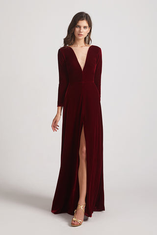 long sleeves velvet bridesmaid dress