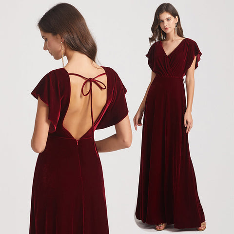 Velvet Flutter Sleeve Bridesmaid Dresses With Open Back