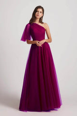 One Shoulder Flutter Sleeve A-line Tulle Long Blue Bridesmaid Dresses