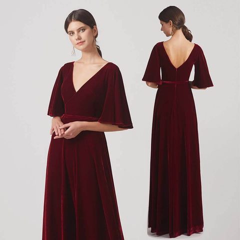  Velvet Maxi Bridesmaid Dresses With Elbow Length Flutter Sleeves