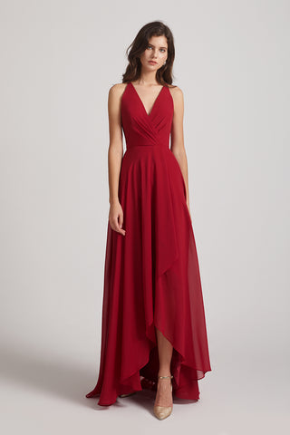 V-neck Chiffon Hi-Lo Crisscross Back Long Bridesmaid Dresses