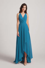 V-neck Sleeveless Hi-Lo Chiffon Light Blue Bridesmaid Dresses
