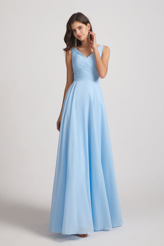 Double V-neck Ruffles Chiffon A-line Sleeveless Bridesmaid Dresses