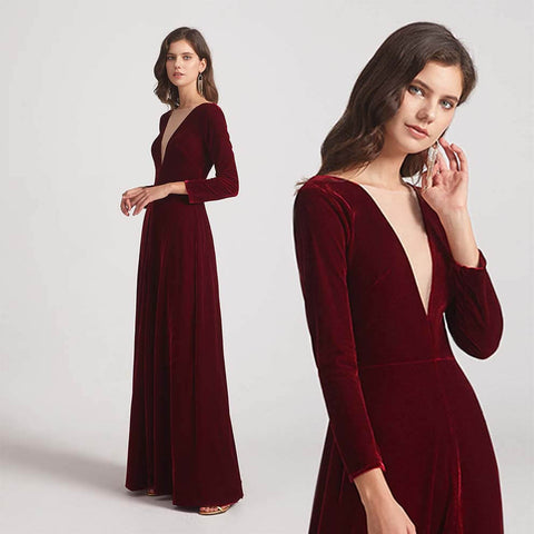 Velvet Long Sleeve Bridesmaid Dresses with Illusion V-neck