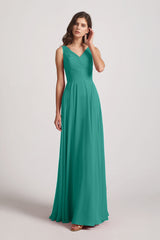 V-neck Sleeveless Pleated Chiffon Bridesmaid Dresses With Back Tie