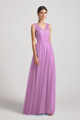 A-line/Princess Straps V-neck Long Tulle Bridesmaid Dresses