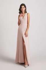 pearl pink long slit bridesmaid dress