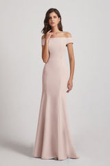 off the shoulder pearl pink spandex bridesmaid dresses