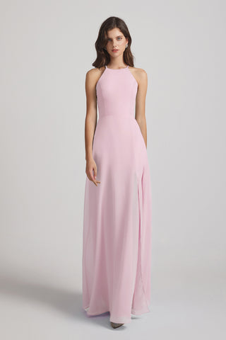 Halter Chiffon Slit A-line Long Bridesmaid Dresses