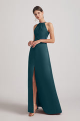 halter satin long bridesmaid dress