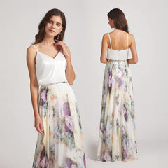 satin top long floral chiffon bridesmaid dresses