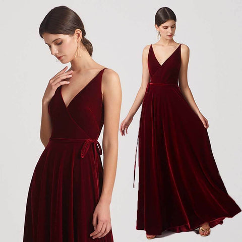 Spaghetti Straps Velvet Wrap Bridesmaid Dresses With Waist Tie