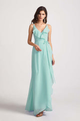 Spaghetti Straps Asymmetrical Frilled Wrap Bridesmaid Dresses