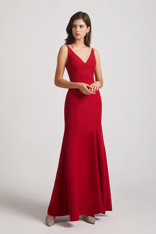 Straps V-neck Dark Red Satin Long Mermaid Bridesmaid Dresses