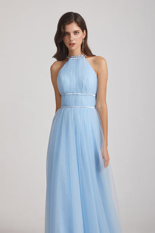 Halter Ruched Crisscross Tulle Blue Bridesmaid Dresses