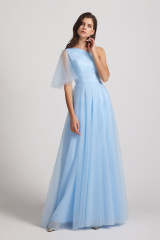 One Shoulder Flutter Sleeve A-line Tulle Long Blue Bridesmaid Dresses