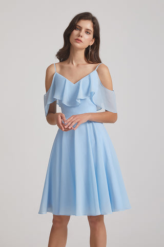 Cold Shoulder Flounced Blue Chiffon Short Bridesmaid Dresses