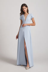 Illusion V-neck Short Sleeve Spandex Front Slit Bridesmaid Dresses