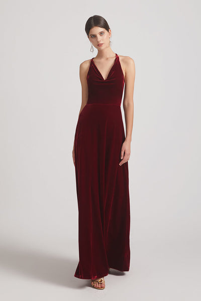 V-neck Cowl Velvet Sleeveless Long Bridesmaid Dresses