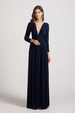 Illusion V-neck Long Sleeve Velvet Bridesmaid Dresses