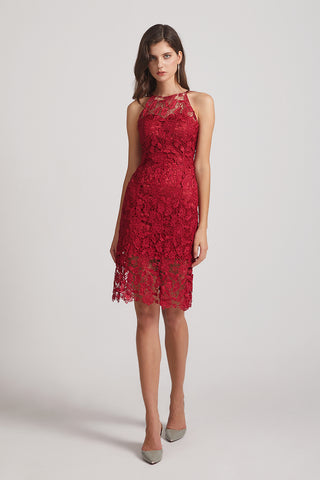 Halter Sleeveless Sheath Red Lace Bridesmaid Dresses