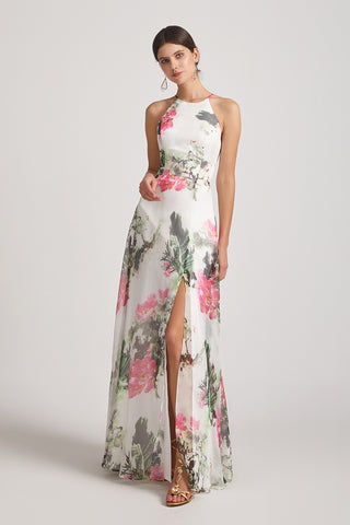 Halter Sleeveless Floral Pinted A-line Ruched Bridesmaid Dresses
