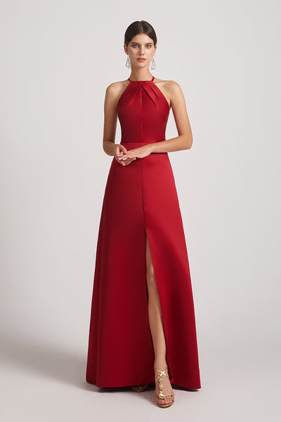 Halter Sleeveless Front Split Long A-line Satin Bridesmaid Dresses