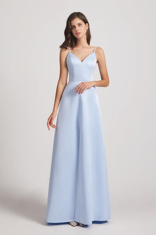 Front Split V-neck Spaghetti Straps Sleeveless Blue Bridesmaid Dresses