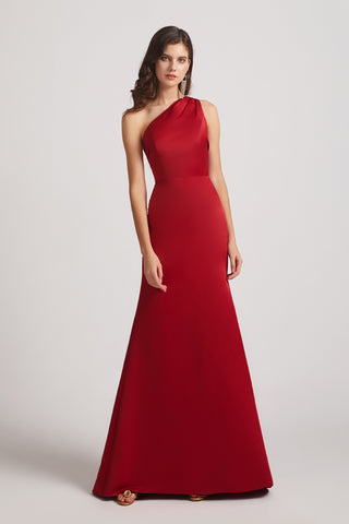 One Shoulder Satin Sheath Red Long Bridesmaid Dresses