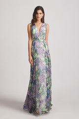 Peacock Floral-Printed Bridesmaid Dresses With Double V-neck