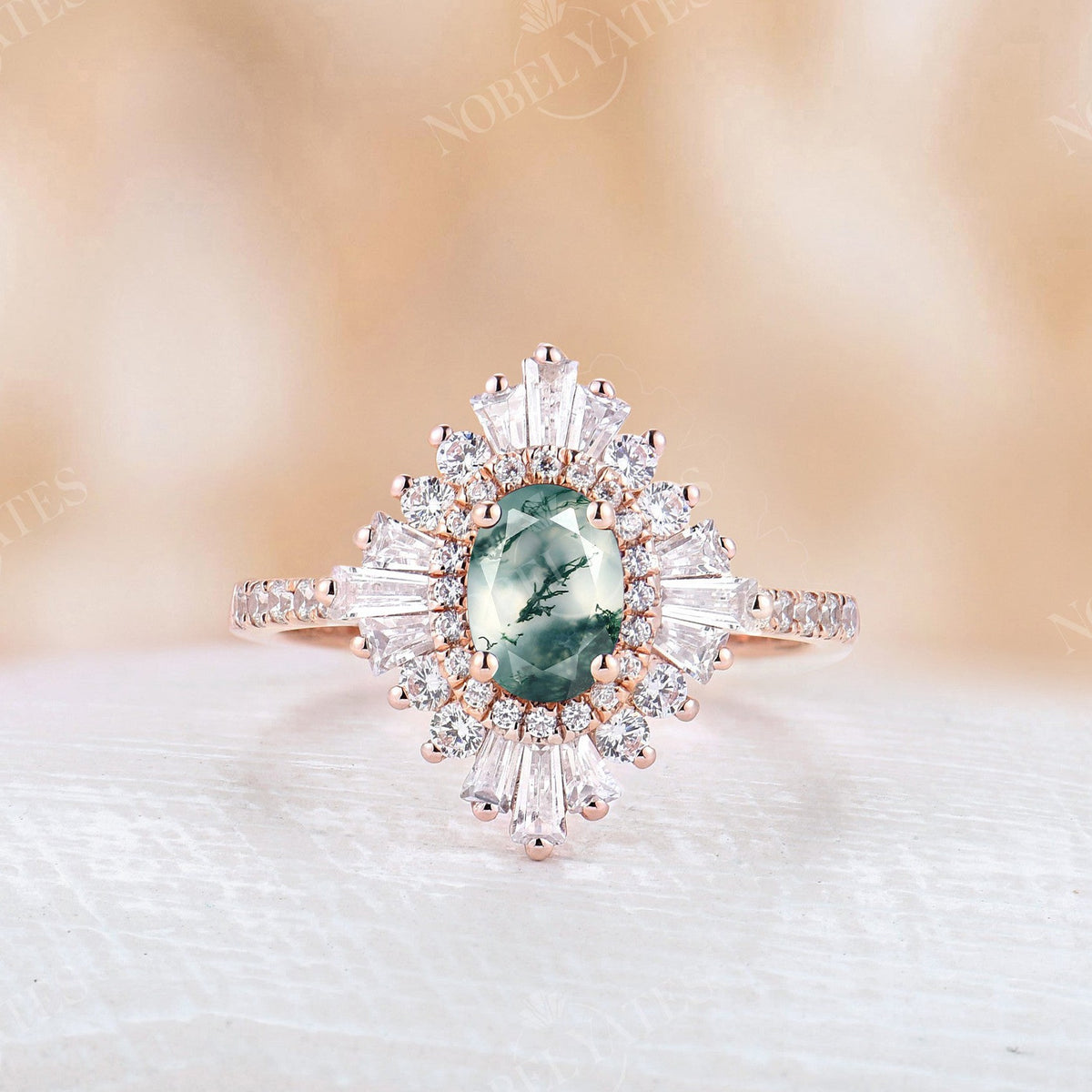 art deco moss agate engagement ring
