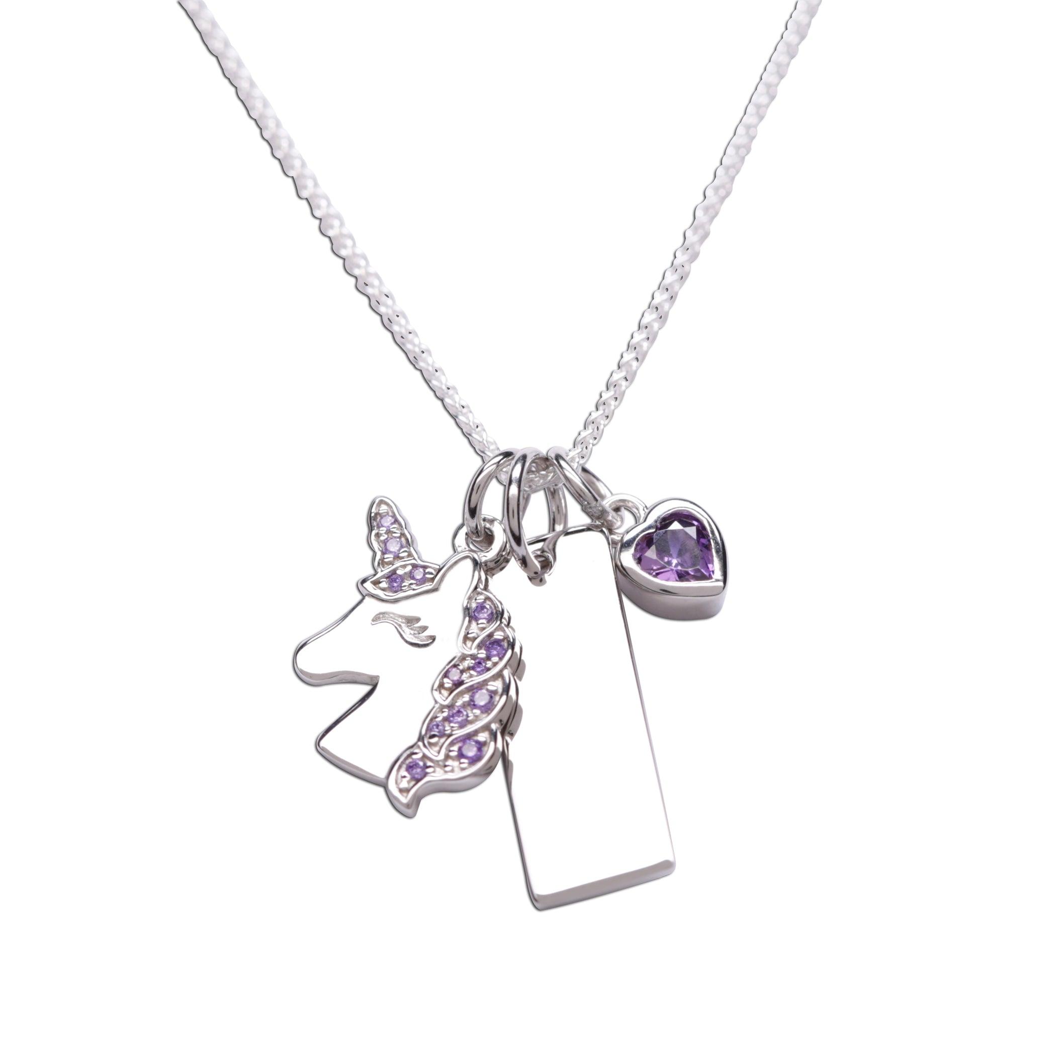 Sterling Silver Kids Unicorn Engraved Bar Necklace with Heart