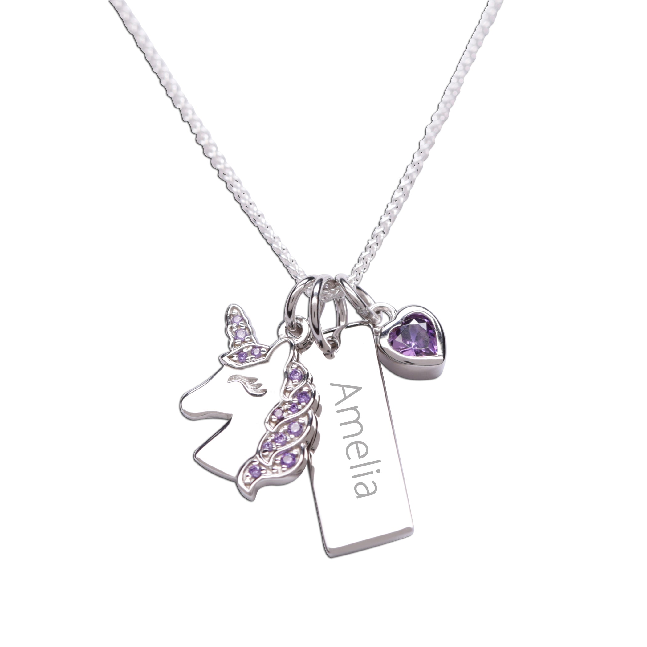 Sterling Silver Kids Unicorn Engraved Bar Necklace with Heart