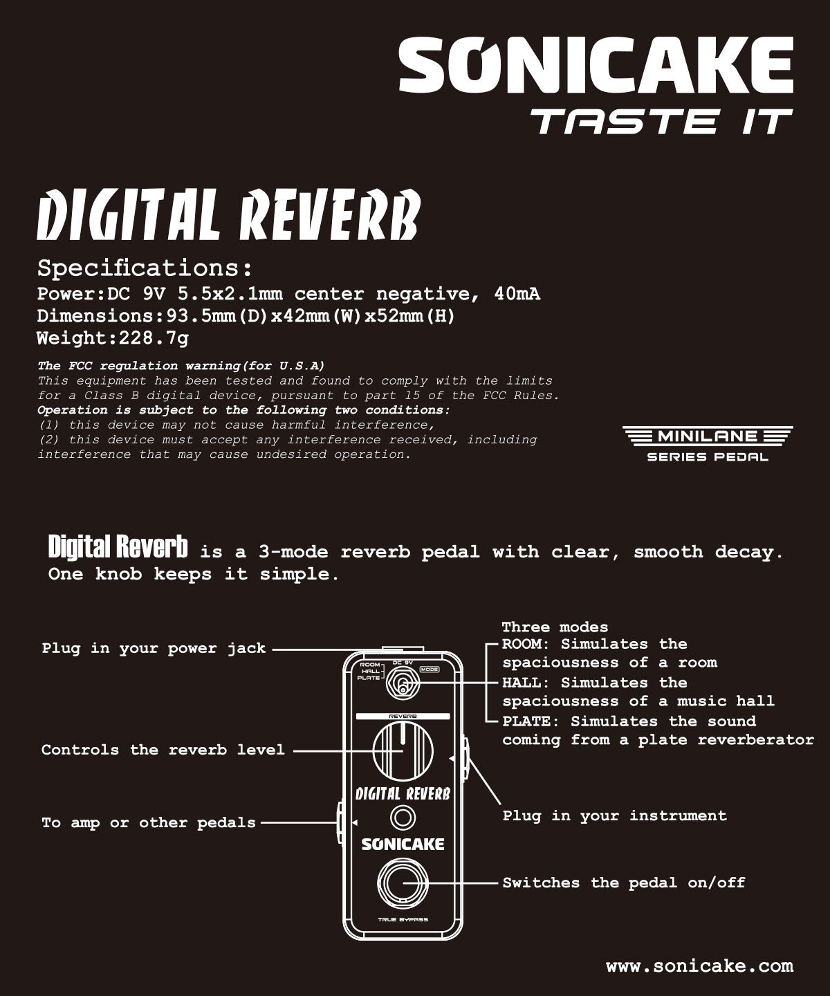 Digital Reverb 3 Modes Room Hall Plate Reverb Guitar Pedal - SONICAKE ...