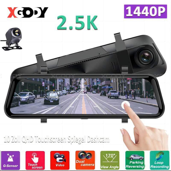Front And Rear Dash Cam 2K | XGODY H11 Rear View Mirror Dash Camera, Night Vision, TouchScreen, Loop Record