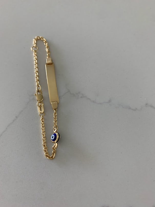 14K Gold ID Bracelet with Blue Evil Eye, Cable Link Bracelet, 25MM by 5MM Plate, 5