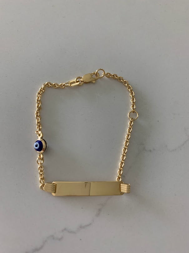 14K Gold ID Bracelet with Blue Evil Eye, Cable Link Bracelet, 25MM by 5MM Plate, 5