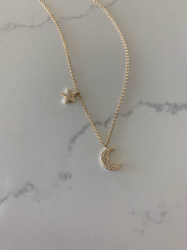 14K Gold Crescent Moon & Star Necklace with Diamonds